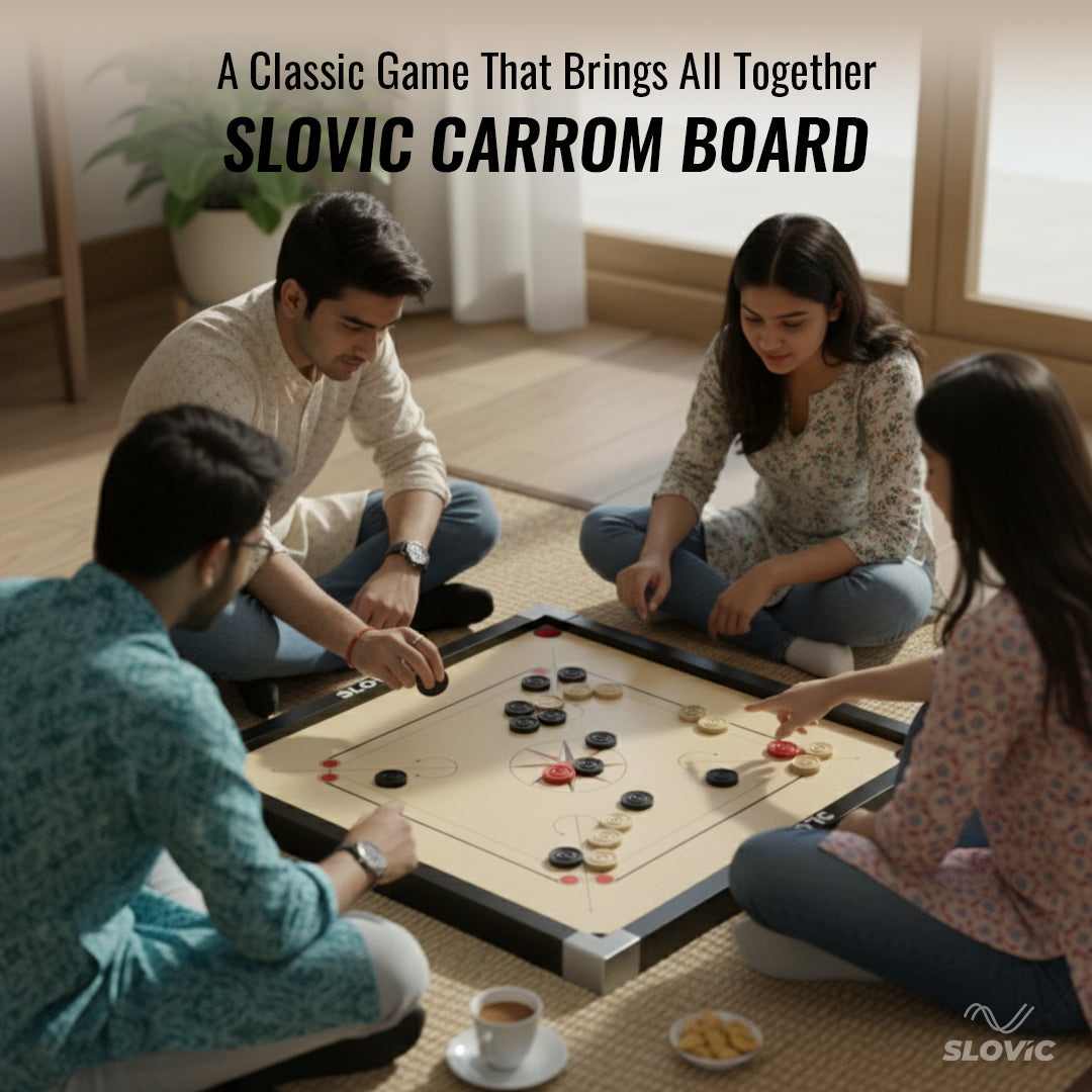 Four people playing carrom on a slovic carrom board in a cozy indoor setting.