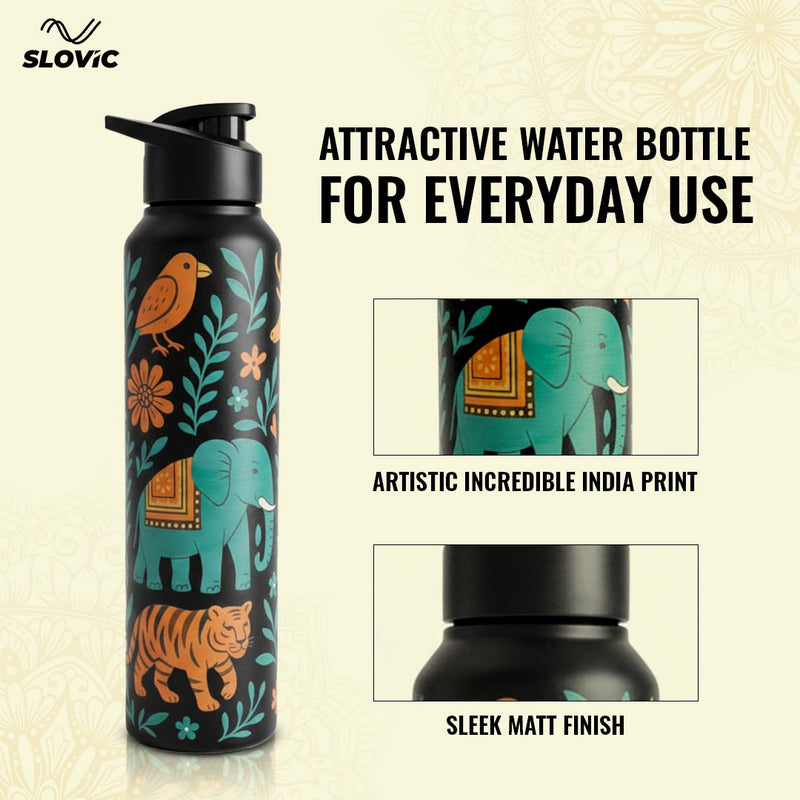 1L Stainless Steel Bottle with Art | India Design, Matt Finish