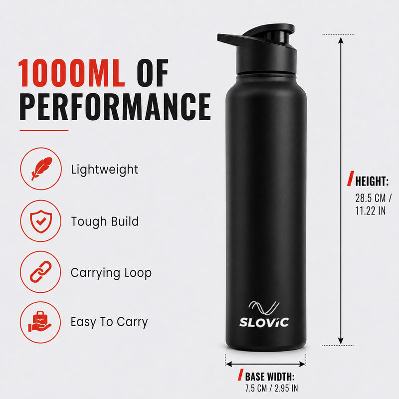 Steel Bottle 1L - Mat Black, Fridge - Sipper