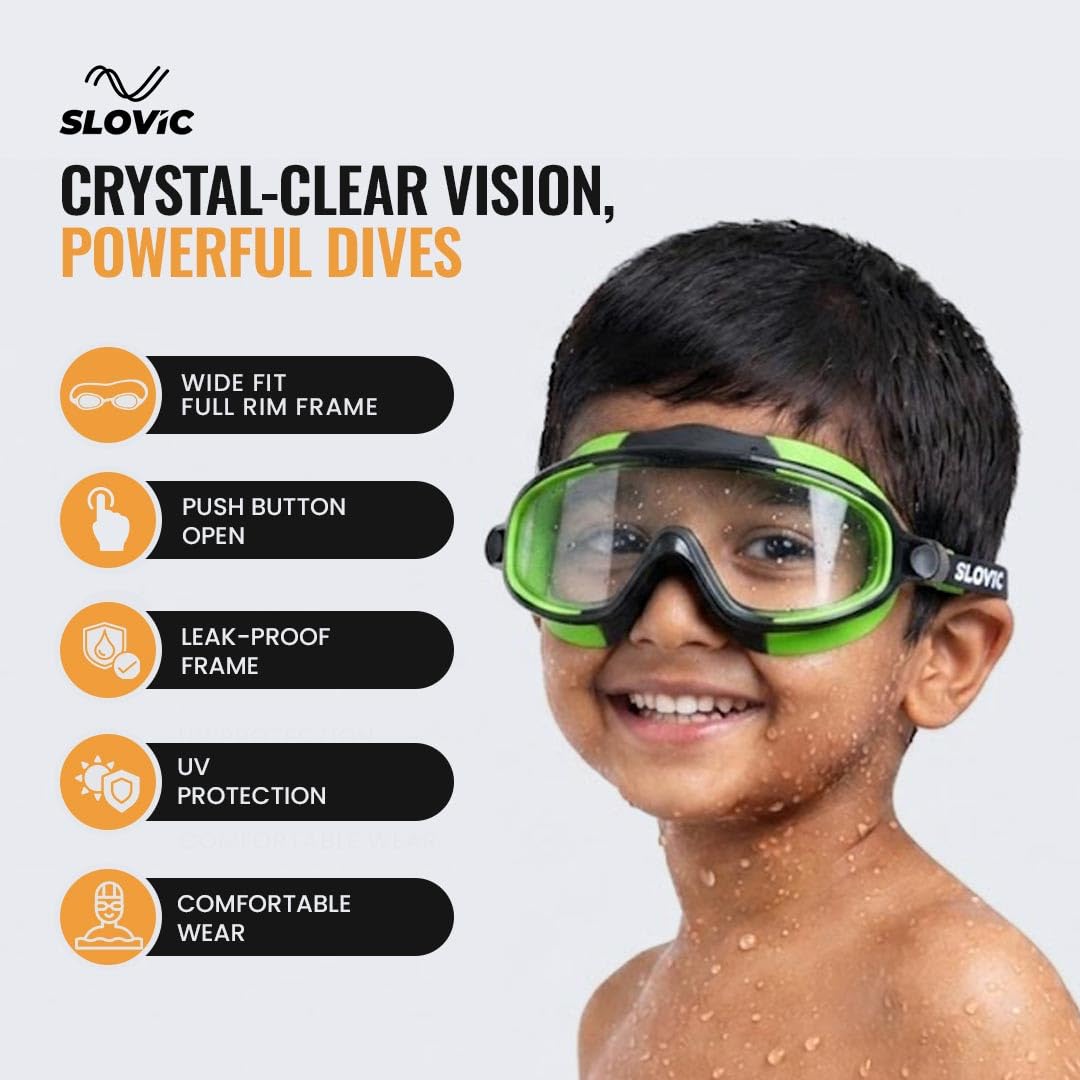 Swimming Goggles for Kids (Green) – UV & Anti-Fog | Includes Ear Plugs & Nose Clip