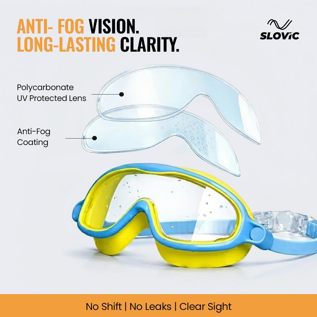 Swimming Goggles for Kids (Yellow) – UV & Anti-Fog | Includes Ear Plugs & Nose Clip