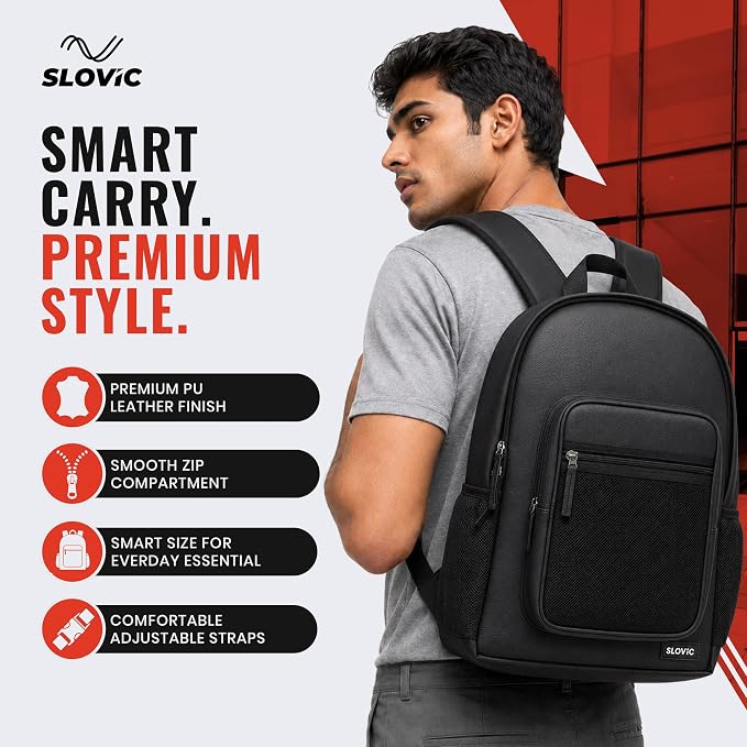 Laptop Bag for Men & Women 22 LTR - PU Leather Finish Backpack Bag - Black