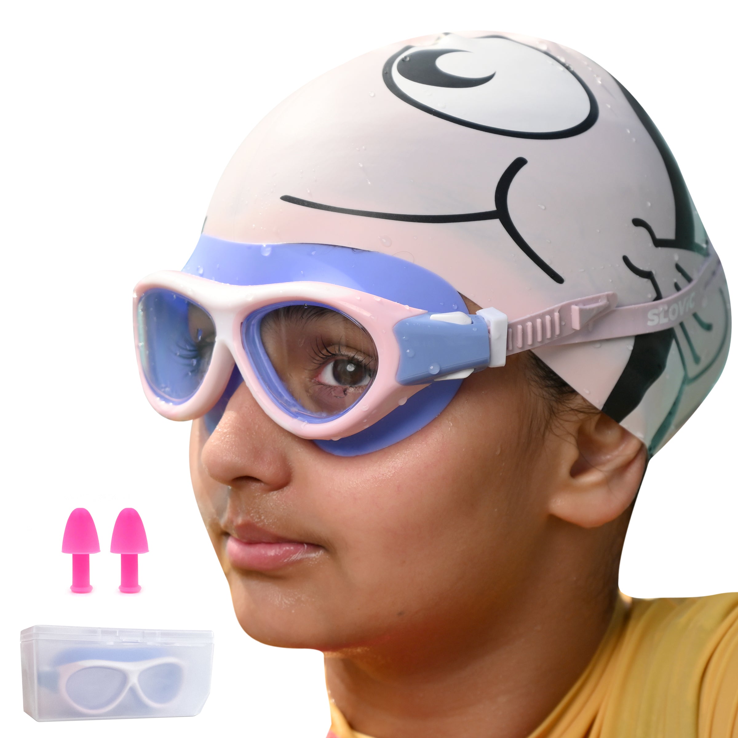 Swimming Goggles for Kids (Pink) – UV & Anti-Fog | Includes Ear Plugs & Nose Clip