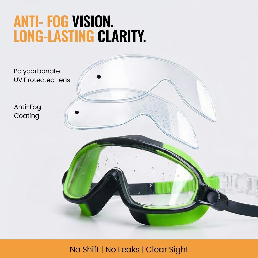 Swimming Goggles for Kids (Green) – UV & Anti-Fog | Includes Ear Plugs & Nose Clip