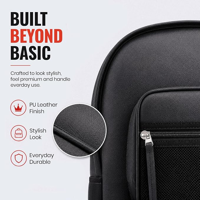 Laptop Bag for Men & Women 22 LTR - PU Leather Finish Backpack Bag - Black