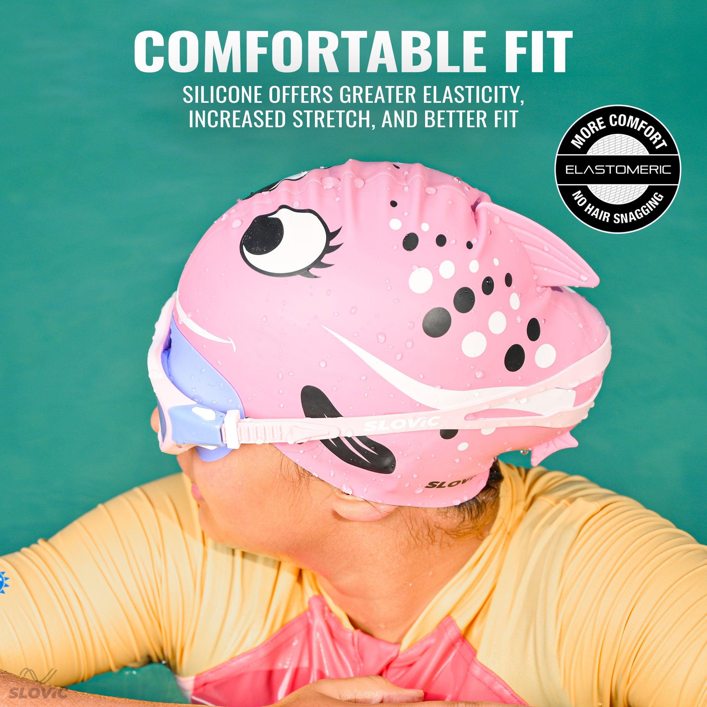 Fish Print Swim Cap for Girls (Pink) – 100% Silicone | Anti-Chlorine, Tear-Resist, Reduces Drag