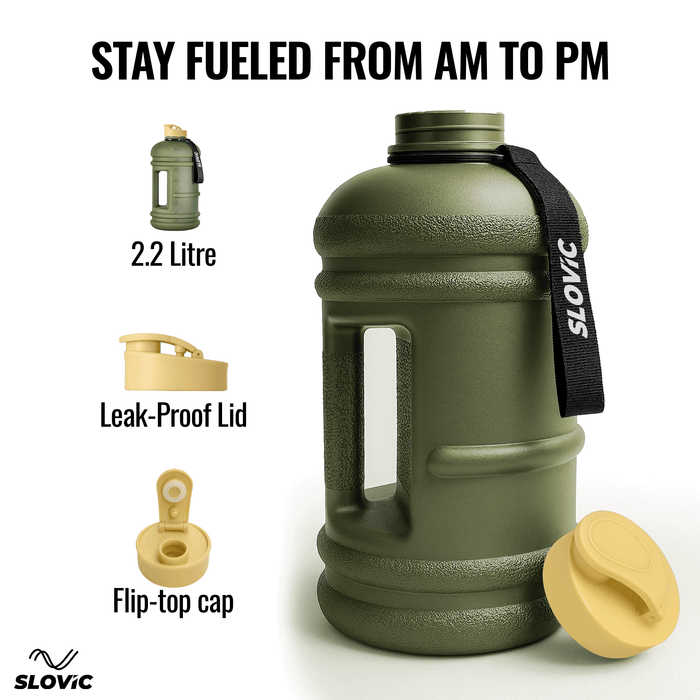 SLOVIC Gallon Gym Water Bottle [2.2 Ltr] | Gym Motivational Sipper Water Bottle for Adults | 100% BPA Free & Leakproof | Ergonomic Handle & Carrying Loop | Green