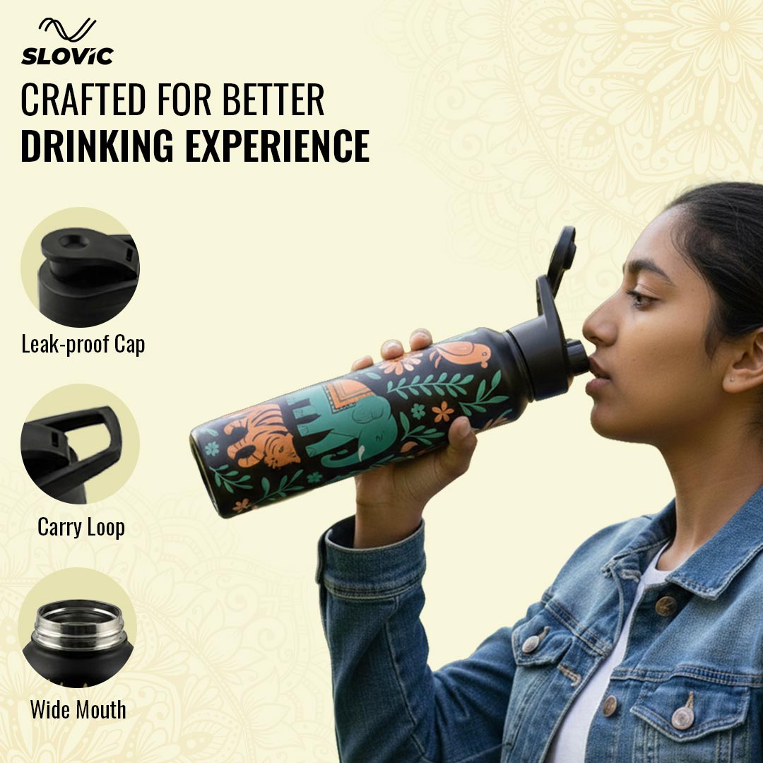 1L Stainless Steel Bottle with Art | India Design, Matt Finish