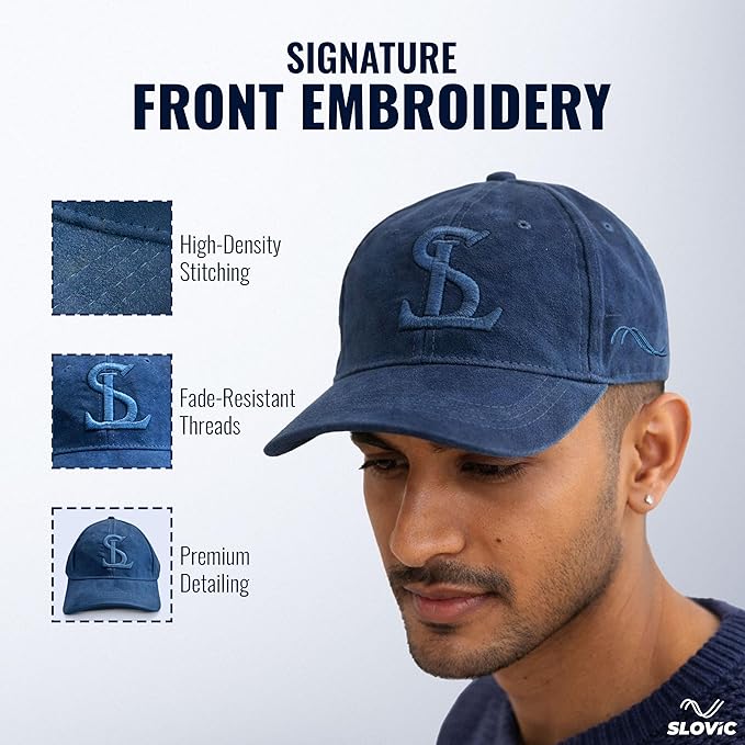 Blue cap with embroidery details and a man wearing it on a white background