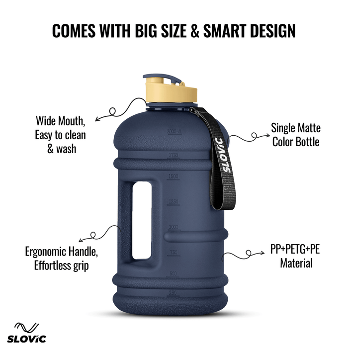 SLOVIC Gallon Gym Water Bottle [2.2 Ltr] | Gym Motivational Sipper Water Bottle for Adults | 100% BPA Free & Leakproof | Ergonomic Handle & Carrying Loop | Matt Blue