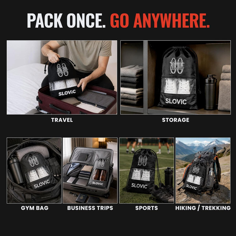 Shoe Bag for Men & Women [Pack of 6] - Travel Shoe Organizer with See-Through Window - Black