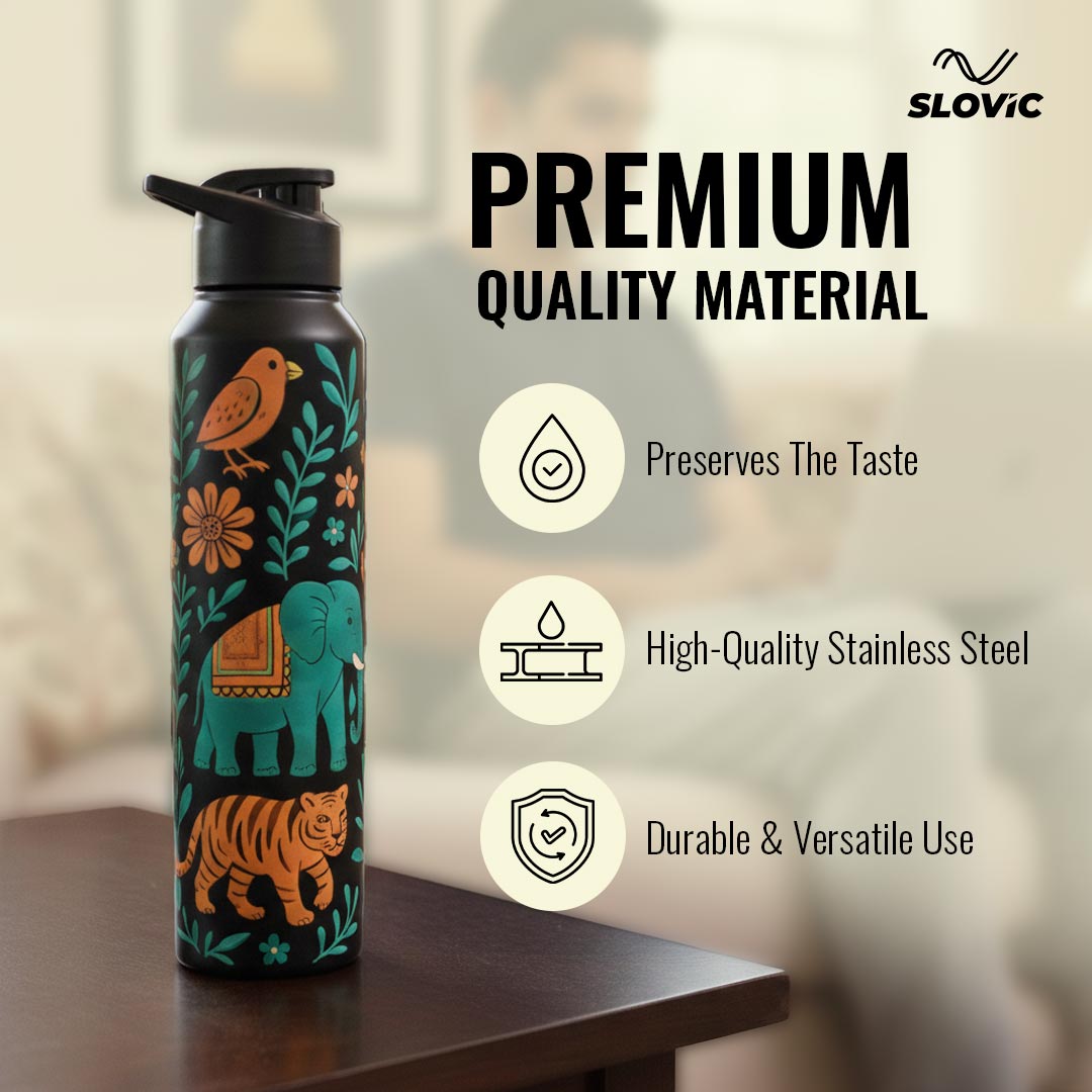 1L Stainless Steel Bottle with Art | India Design, Matt Finish