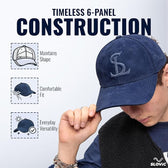 Blue cap with brand logo, features of timeless 6-panel construction, on a light gray background.