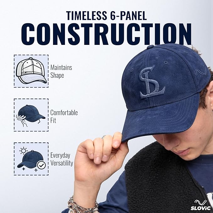 Blue cap with brand logo, features of timeless 6-panel construction, on a light gray background.