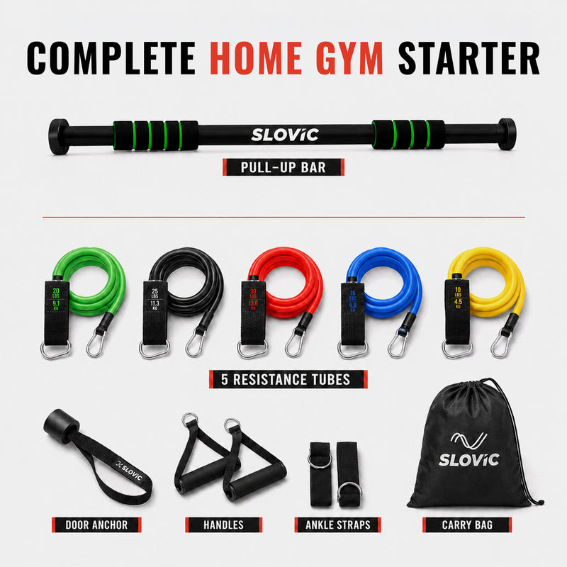 Complete Home Gym Starter 100 Kg No-Screw Bar + 5–45kg Resistance Tubes