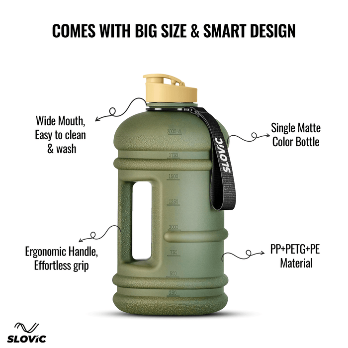 SLOVIC Gallon Gym Water Bottle [2.2 Ltr] | Gym Motivational Sipper Water Bottle for Adults | 100% BPA Free & Leakproof | Ergonomic Handle & Carrying Loop | Green