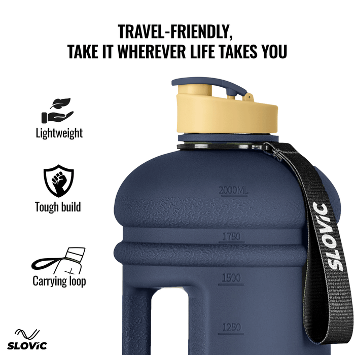 SLOVIC Gallon Gym Water Bottle [2.2 Ltr] | Gym Motivational Sipper Water Bottle for Adults | 100% BPA Free & Leakproof | Ergonomic Handle & Carrying Loop | Matt Blue