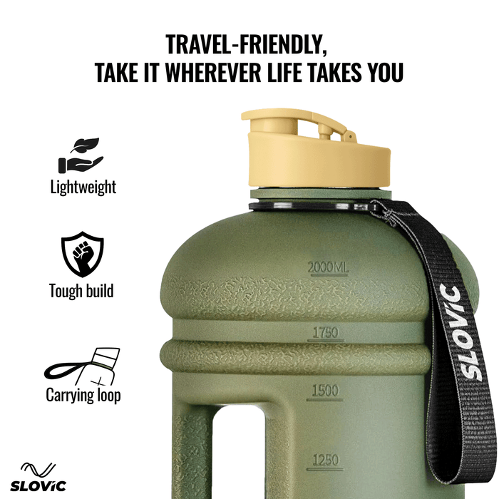 SLOVIC Gallon Gym Water Bottle [2.2 Ltr] | Gym Motivational Sipper Water Bottle for Adults | 100% BPA Free & Leakproof | Ergonomic Handle & Carrying Loop | Green
