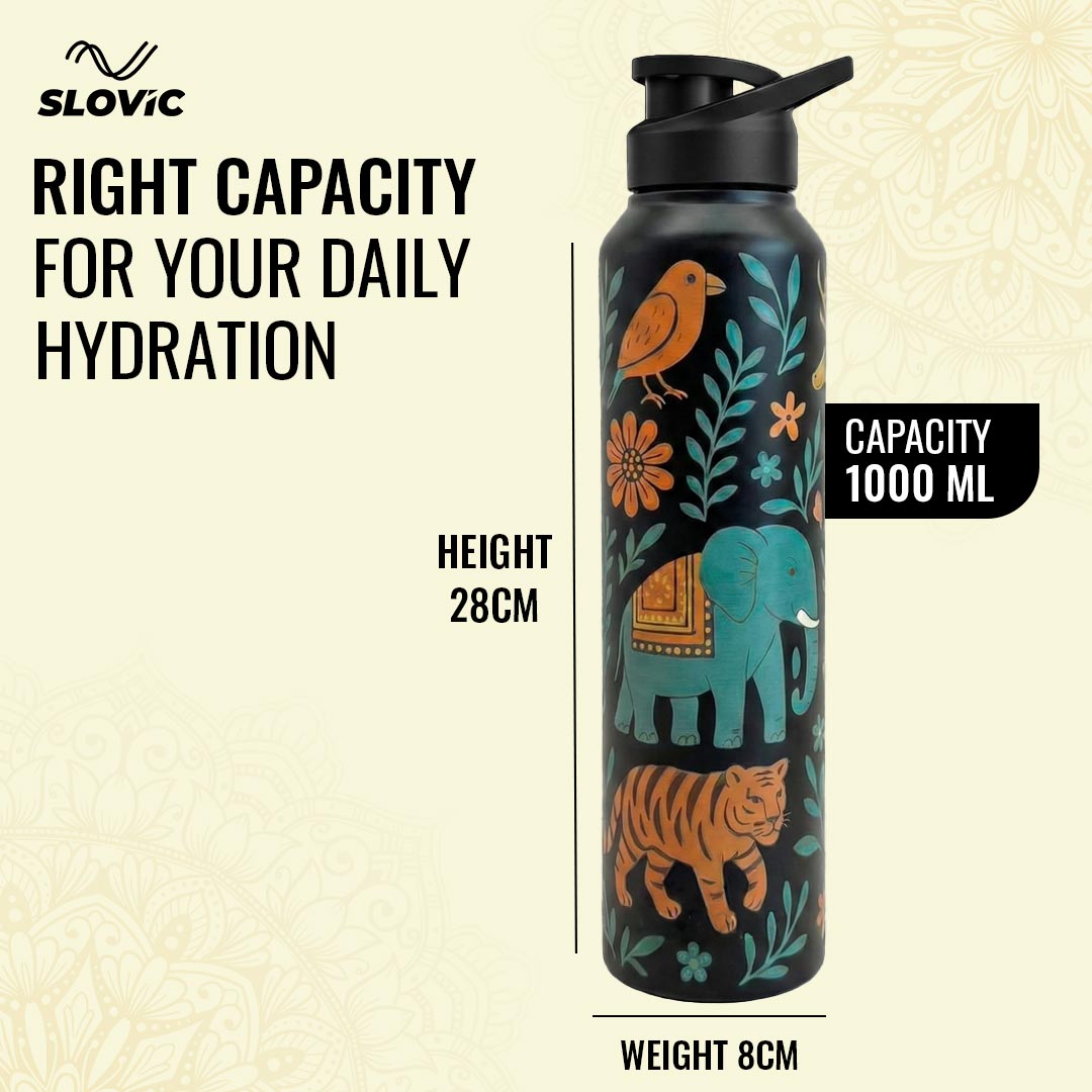 1L Stainless Steel Bottle with Art | India Design, Matt Finish