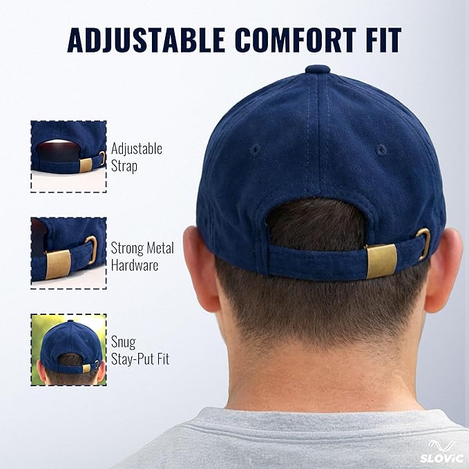 Navy blue cap with adjustable strap and metal hardware on a white background, featuring 'SLOVIC' branding.