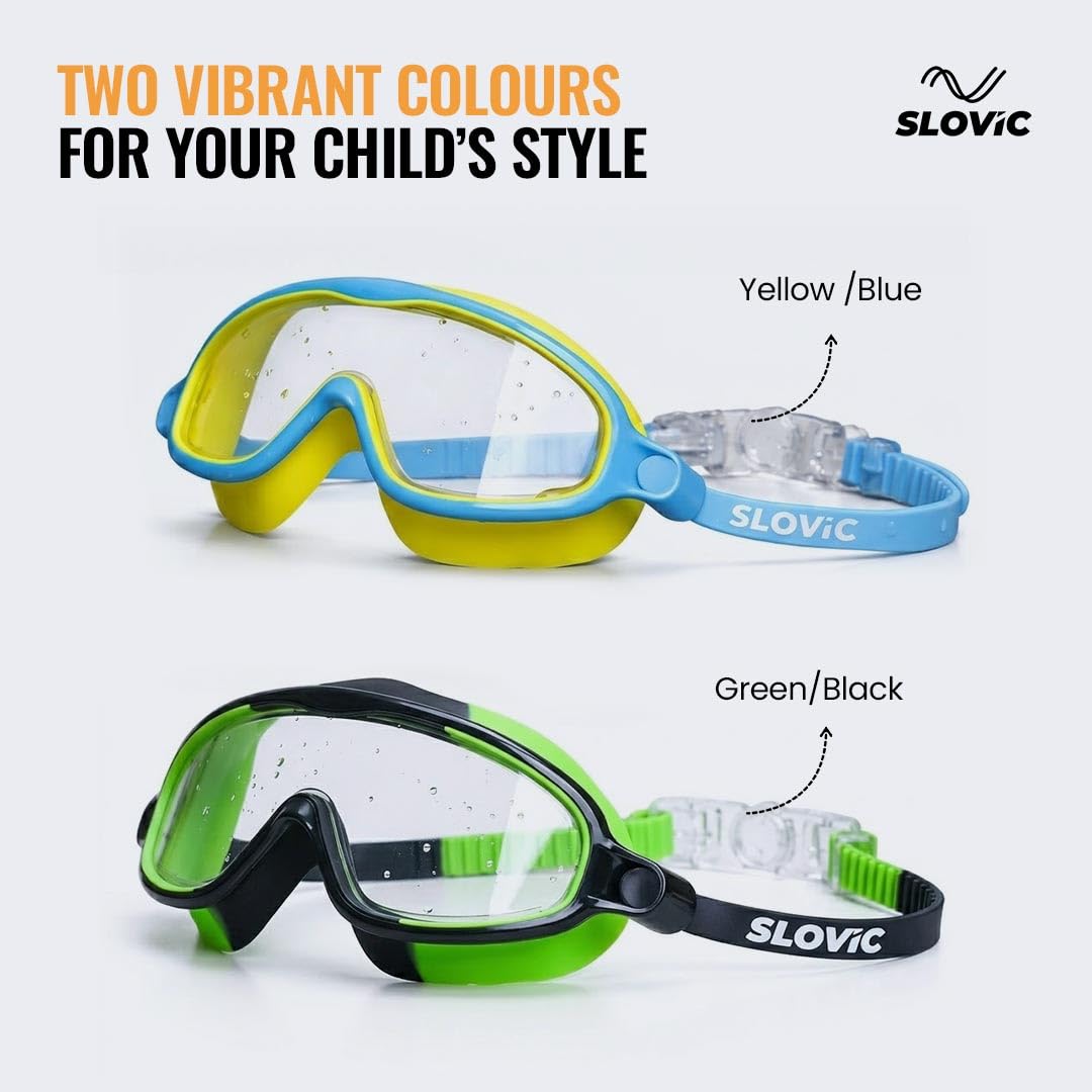 Swimming Goggles for Kids (Yellow) – UV & Anti-Fog | Includes Ear Plugs & Nose Clip