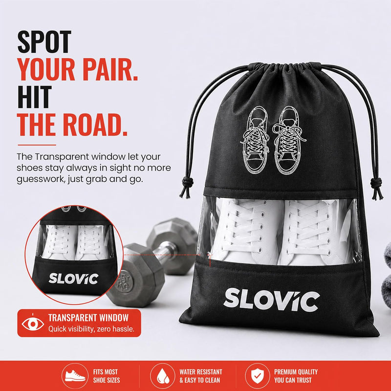 Shoe Bag for Men & Women [Pack of 6] - Travel Shoe Organizer with See-Through Window - Black