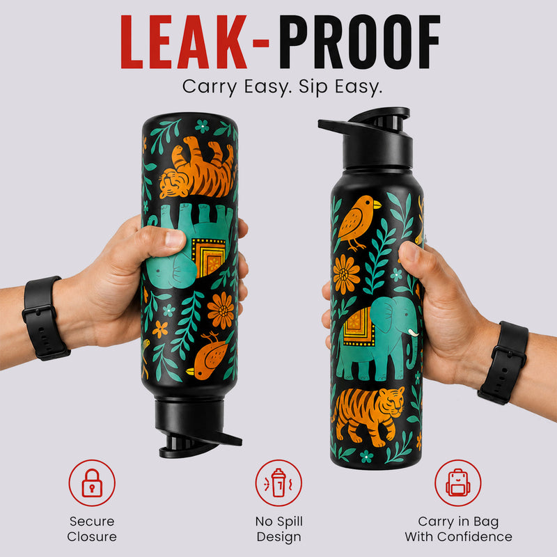 1L Stainless Steel Bottle with Art - India Design, Matt Finish