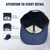 Blue baseball cap with black trim, showing signature patch detail, clean interior finish, and high-quality craftsmanship on a white background.