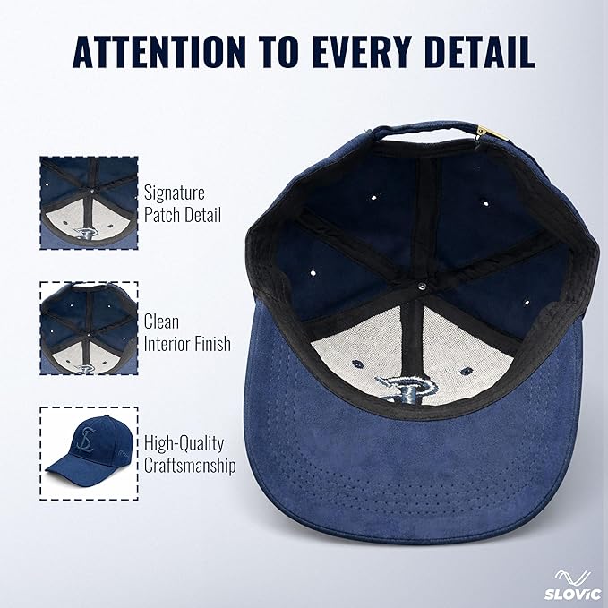 Blue baseball cap with black trim, showing signature patch detail, clean interior finish, and high-quality craftsmanship on a white background.