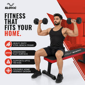 A man sits on a red and black SLOVIC adjustable weight bench holding dumbbells overhead, with promotional text and feature icons on a white and red background.