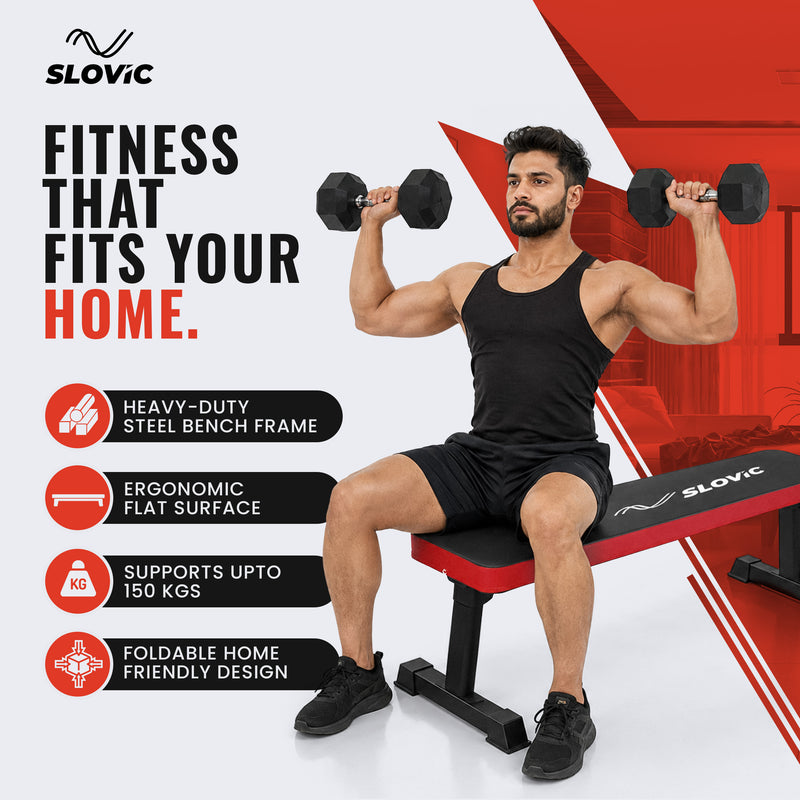 A man sits on a red and black SLOVIC adjustable weight bench holding dumbbells overhead, with promotional text and feature icons on a white and red background.