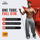 Advertisement featuring Tiger Shroff using Slovic resistance tubes with Slovic branding and product features.