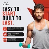 Advertisement featuring tiger shroff holding a dumbbell with Slovic branding and product features.