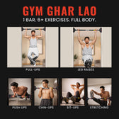 Advertisement for 'Gym Ghar Lao' showing various exercises using a pull up bar at home. by Tiger Shroff