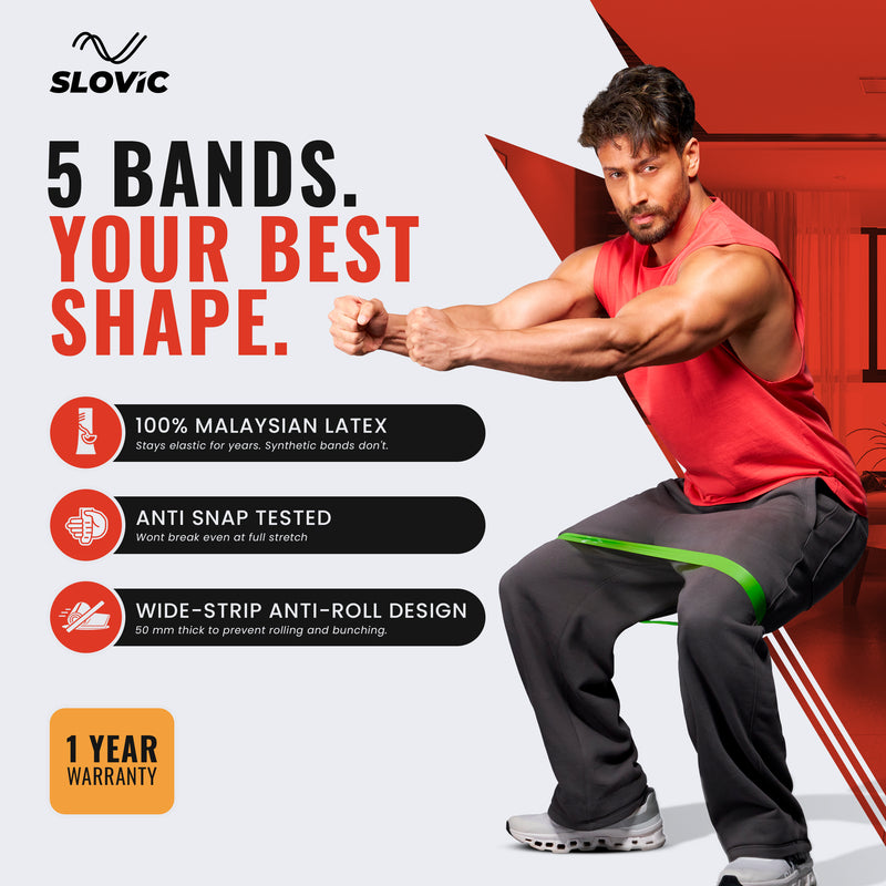 Advertisement for Slovic exercise bands featuring Tiger Shroff  pants performing a workout.