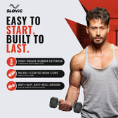 Advertisement for Slovic by Tiger shroff holding a 2.5 kg Hexa dumbbell, featuring product features and brand name.