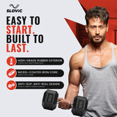 Advertisement for Slovic dumbbells featuring a man holding dumbbells with product features listed.