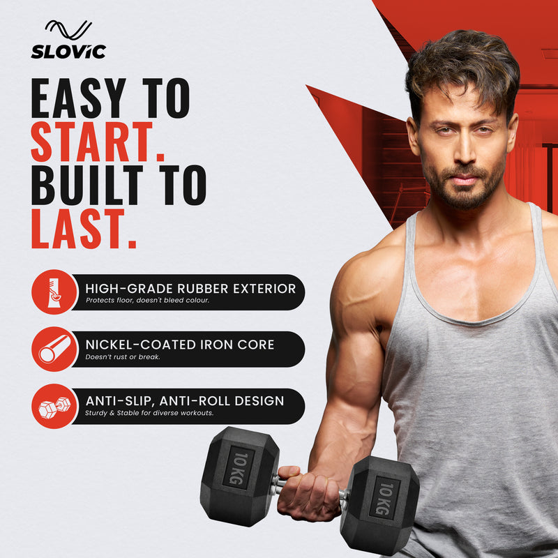 Advertisement for Slovic dumbbells featuring a man holding dumbbells with product features listed.