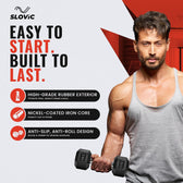 Advertisement for Slovic with Tiger shroff holding dumbbells and product features listed.