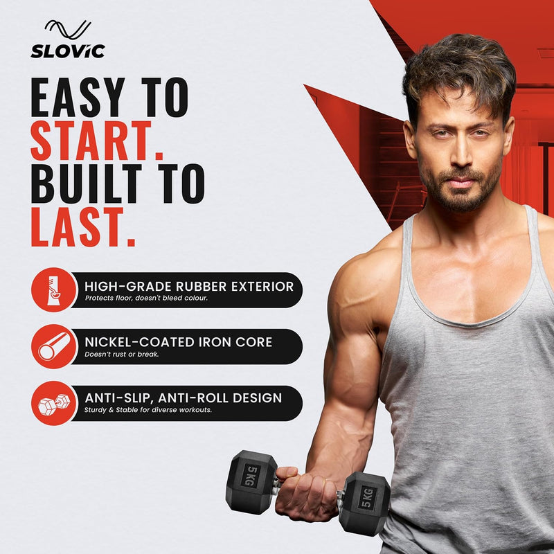 Advertisement for Slovic with Tiger shroff holding dumbbells and product features listed.