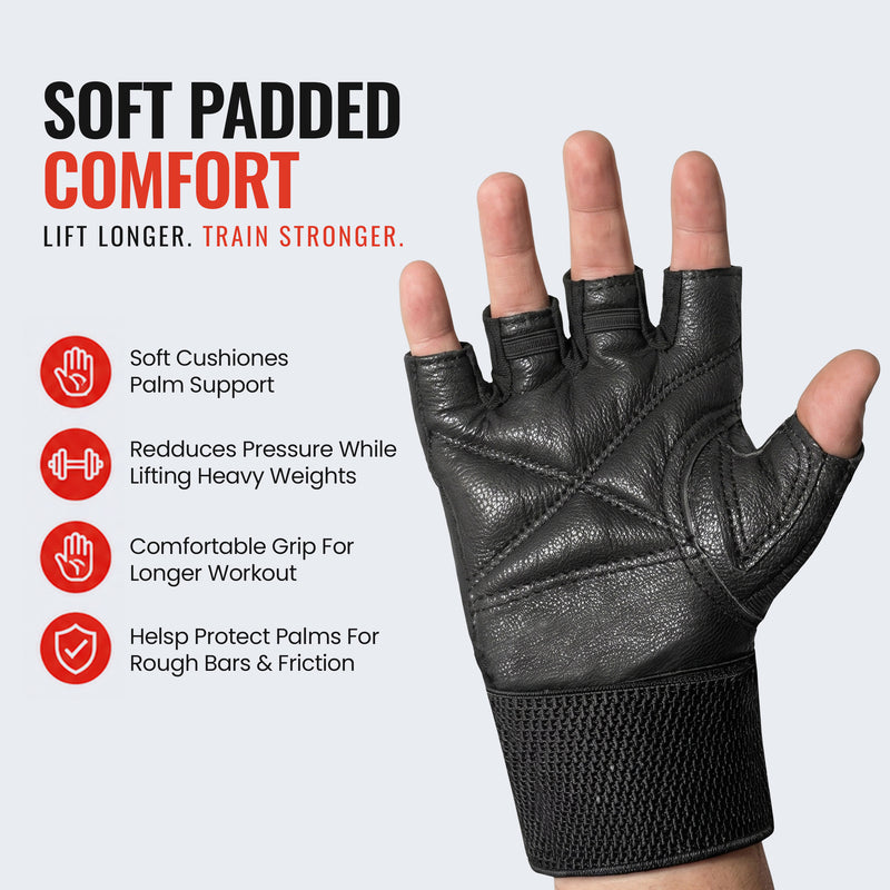 Leather Gym Gloves with Wrist Support | Padded Weightlifting Gloves