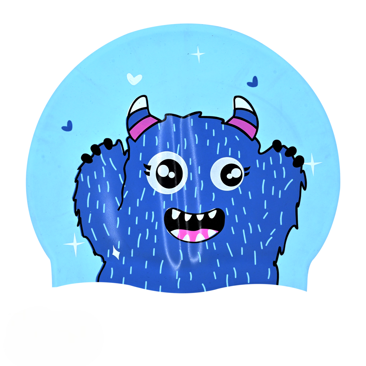 Slovic Blue monster swim cap with a happy expression on a light blue background