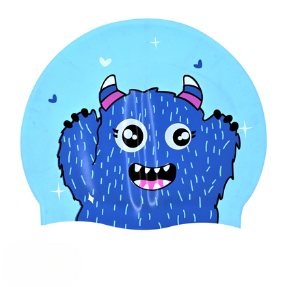 Slovic Blue monster swim cap with a happy expression on a light blue background