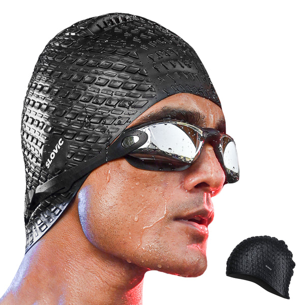 Swimming Cap for Men – Silicone, Anti‑Skid, Tear‑Resistant, Free Size (Black Embossed)