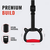 Black gymnastic pull-up bar with a red grip pad and cat-ear details, shown on a light gray background with 'PREMIUM BUILD' text and inset detail circles for nylon material and steel buckle. Dimensions are labeled on the bar.