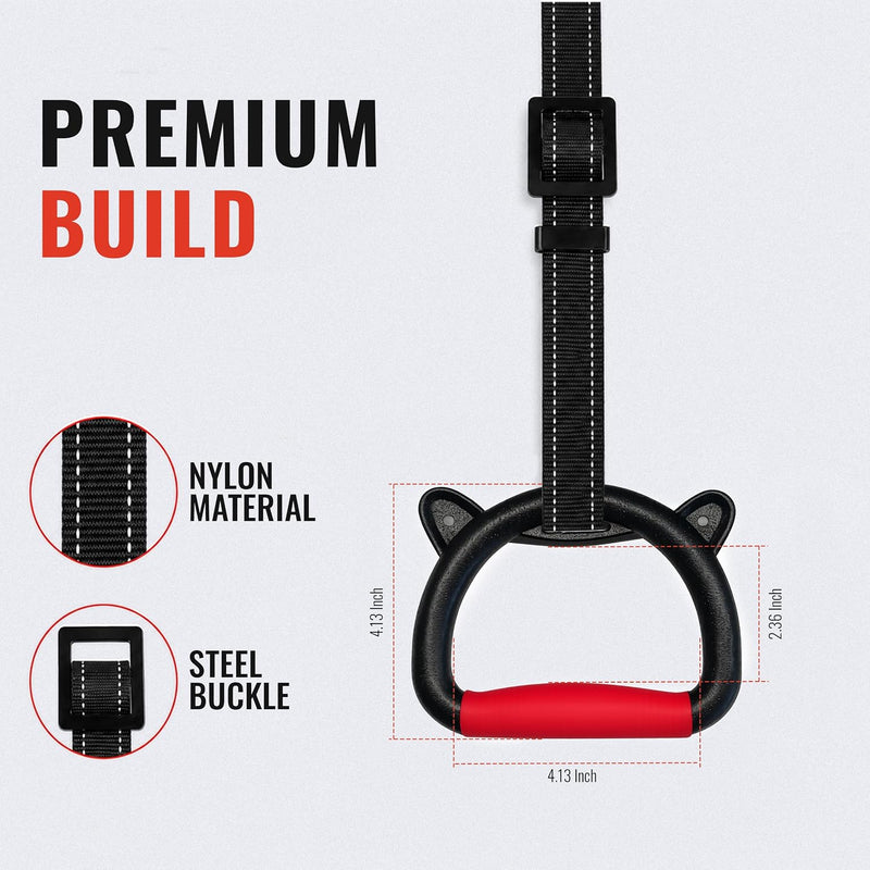Black gymnastic pull-up bar with a red grip pad and cat-ear details, shown on a light gray background with 'PREMIUM BUILD' text and inset detail circles for nylon material and steel buckle. Dimensions are labeled on the bar.