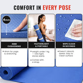 Blue Slovic yoga mat with features highlighted on a white background