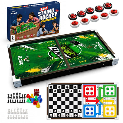 3 in 1 String Hockey Board Game | Chess, Ludo & Sling Puck Game for Kids