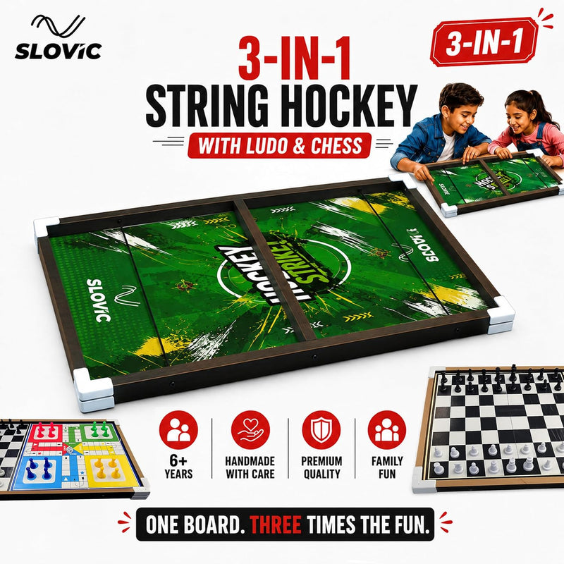 3 in 1 String Hockey Board Game | Chess, Ludo & Sling Puck Game for Kids