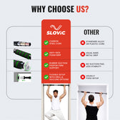 Comparison chart highlighting features of Slovic pull-up bars against competitors, with a man using a pull-up bar.